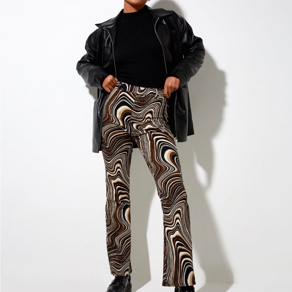 Motel Rocks Black and Brown Pants with Psychedelic Pattern Highwaisted - Picture 4 of 5